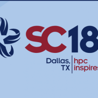 Supercomputing Logo: SC18 with blue background and dark blue star on the left with text that reads &quot;HPC Inspires&quot;