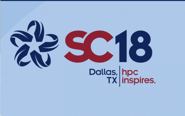 Supercomputing Logo: SC18 with blue background and dark blue star on the left with text that reads &quot;HPC Inspires&quot;