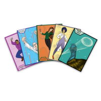 Five cards with different characters, two men, two women, and one emu, are spread out from left to right.