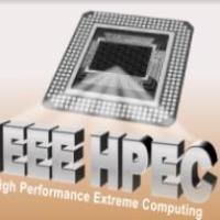 IEEE HPEC logo with a computer chip illustration on a peach background